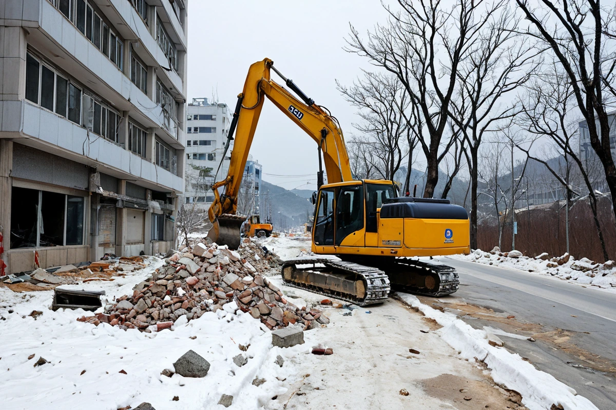 겨울철 창원시 내 도시의 한 구역에서 철거 작업 중인 기계 장비가 눈 덮인 도로 위에서 정지해 있는 모습. 빈 건물의 잔해와 눈 덮인 나무가 배경으로 보입니다.