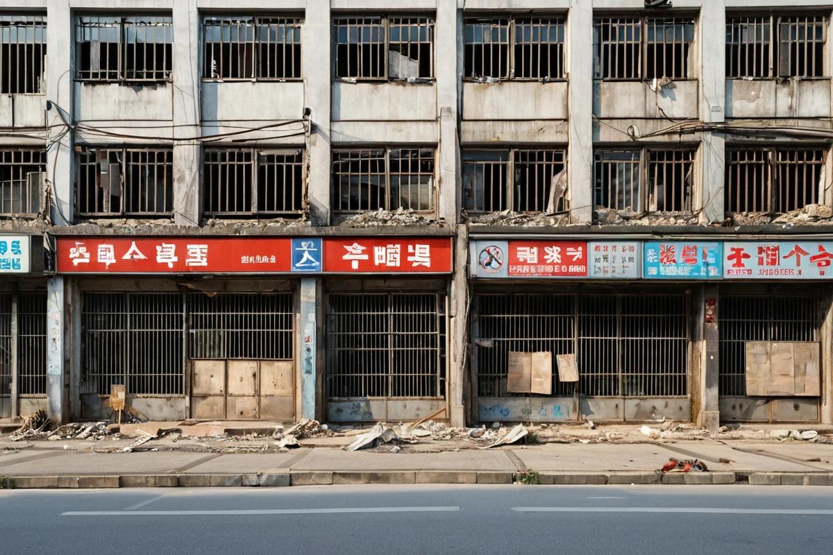 교방동 상업지역의 폐업 건물 외관, 주변 상가와의 조화를 보여주는 평면적 철거 전 구도, 철거 작업 전 철거 업체가 설치한 안전 울타리와 경고 표지가 보이는 장면
