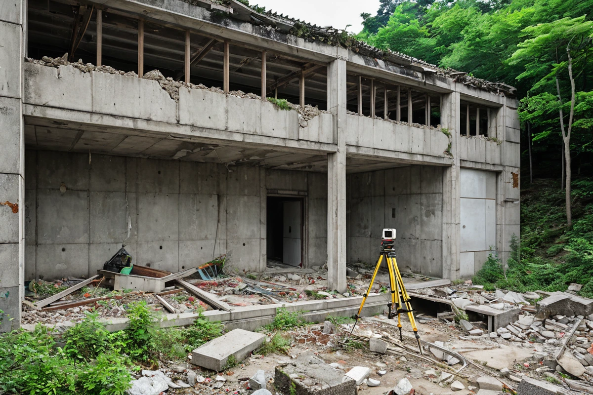 구산면 지역의 건물 철거 현장에서, 건물 구조를 고려한 정확한 철거 계획을 세우기 위해 전문가가 현장 조사하는 모습을 보여주는 사진. 건물 외관과 주변 환경이 자연스럽게 조화를 이