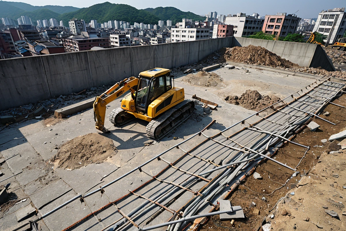 봉곡동 지역의 구조물 철거 현장에서 안전 장치가 철저히 설치된 모습, 구조물의 안전 상태를 점검하는 전문 장비가 놓여 있는 장면