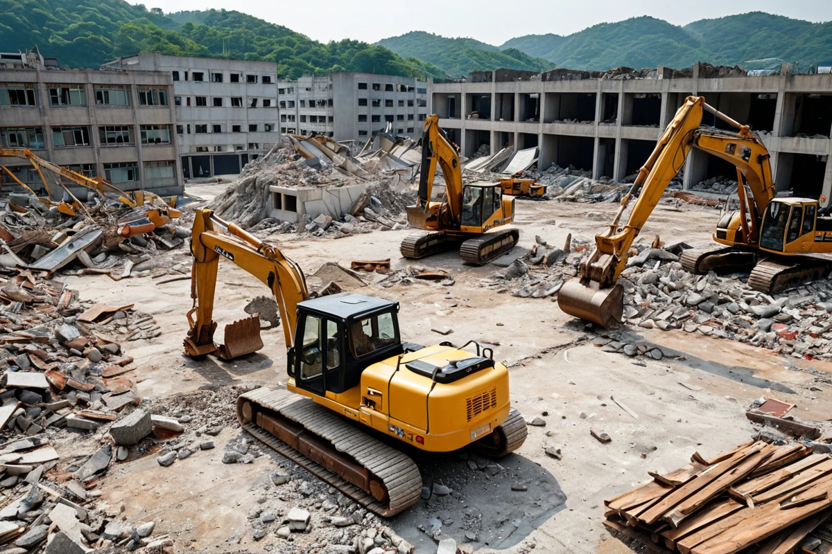 용동 지역의 바닥철거 현장에서 철거 작업 중인 장비와 철거된 바닥 재료가 정리된 모습. 철거 작업비, 폐기물 처리, 안전 장비 비용을 나타내는 분리된 표시판이 없이 자연스럽게 배치