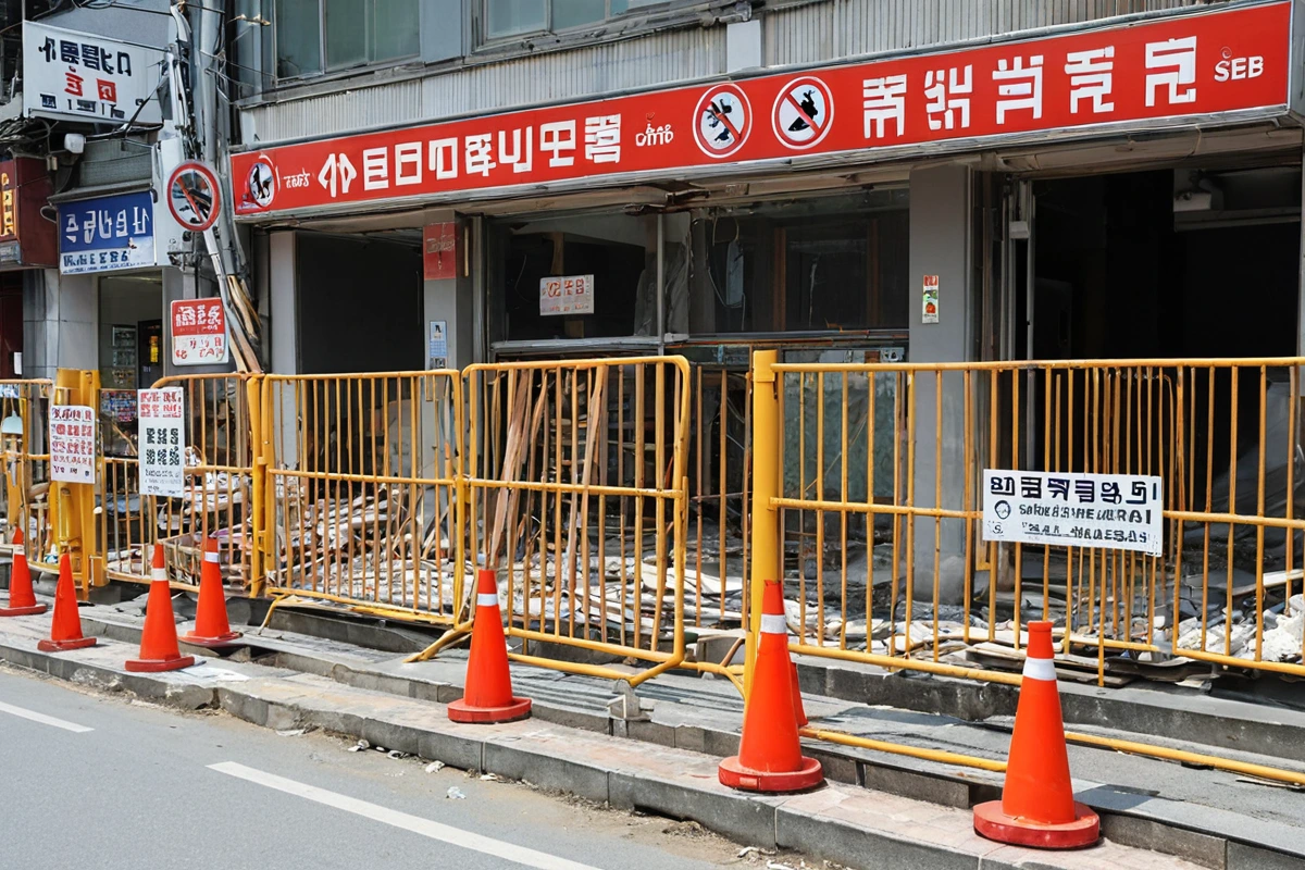 창원 가음동 카페 철거 현장에서 안전 장치가 철저히 설치된 모습, 구조물이 무너질 위험이 있는 부분에 안전 울타리와 경고 표지판이 설치된 모습