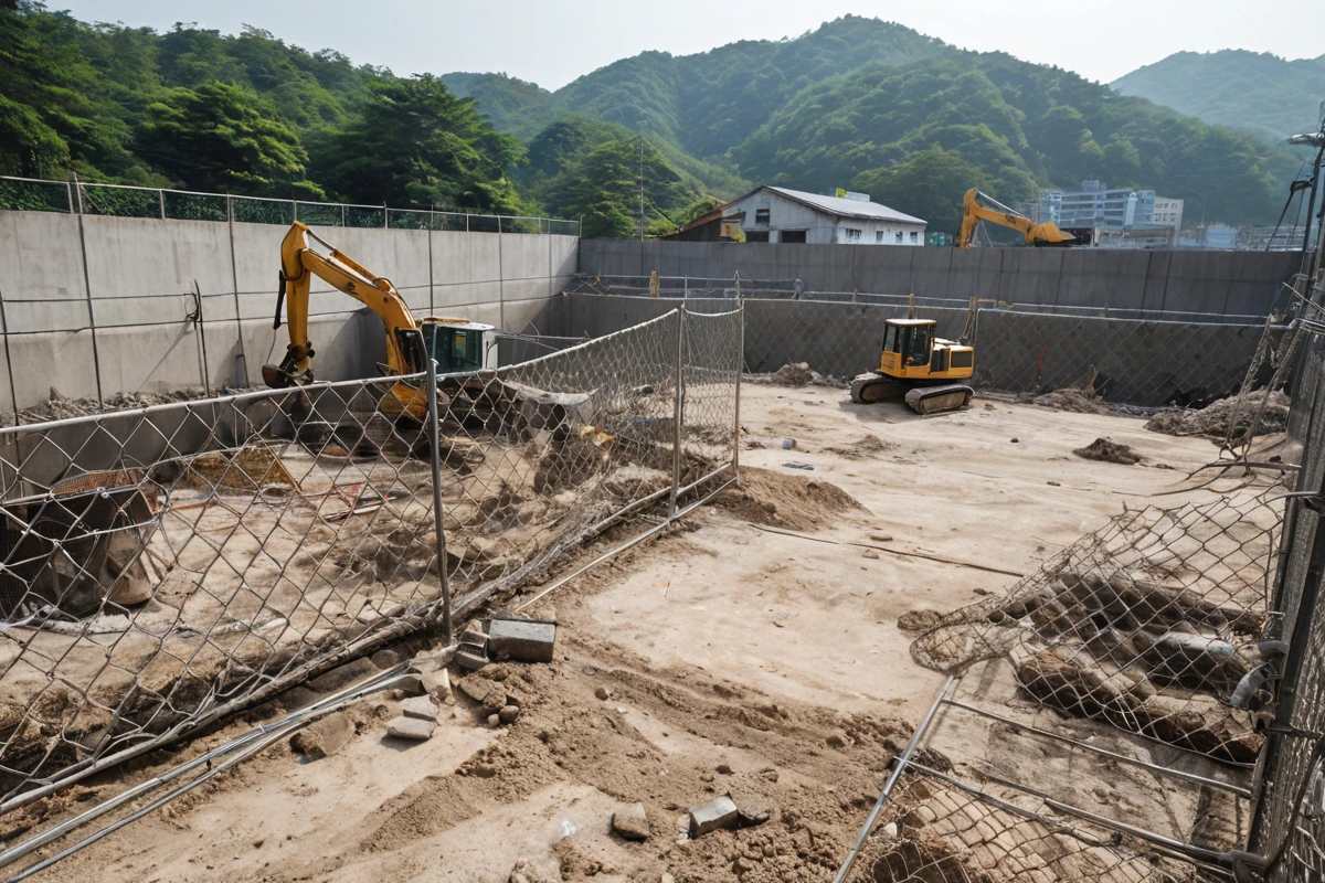 창원 도계동 철거 작업 중 주변 환경을 고려한 소음과 먼지 관리 장면. 철거 현장 주변에 철거 작업을 방해하지 않는 철망과 먼지 차단막이 설치된 모습.