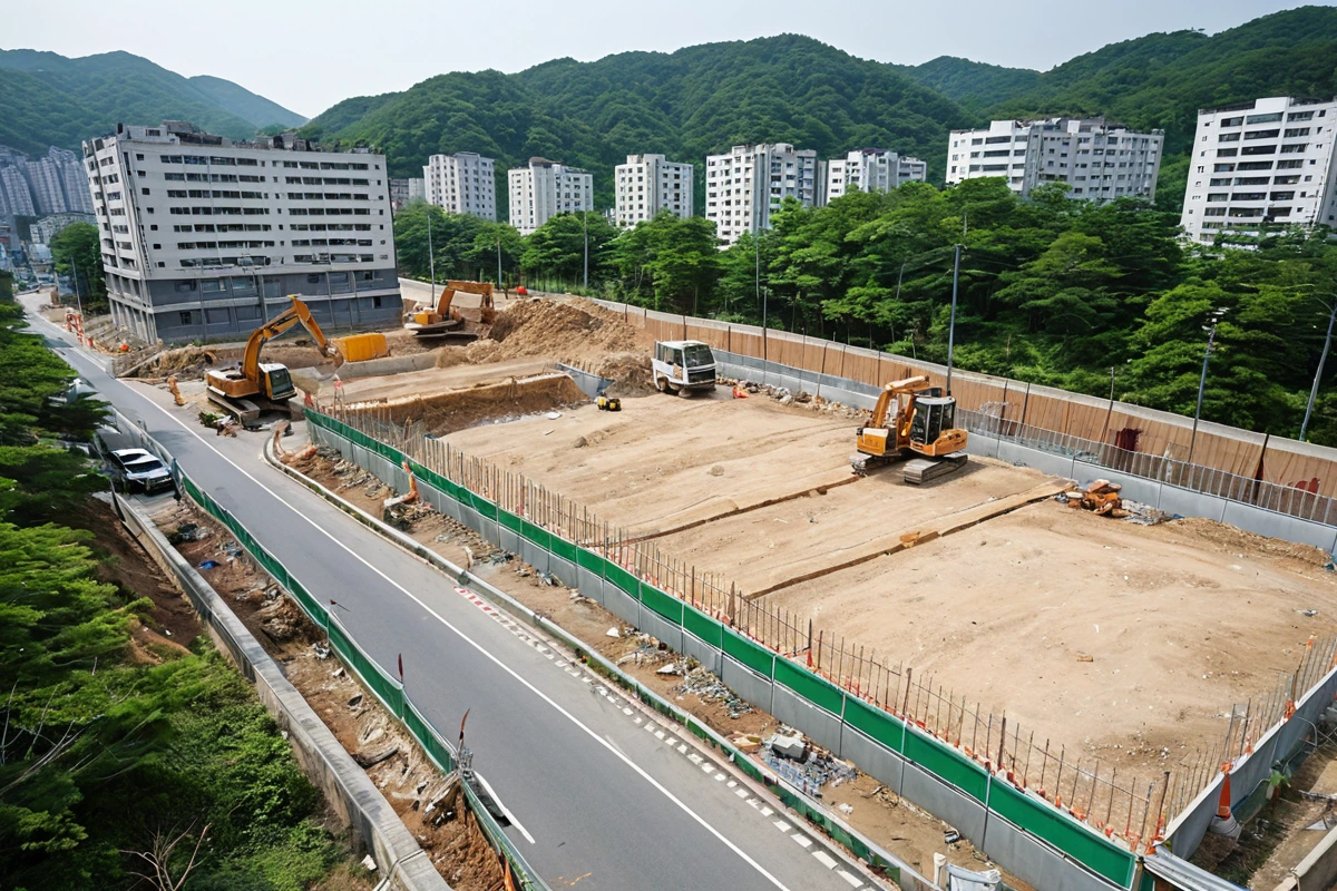 창원 반송동 주거지역 근처 철거 현장에서 전문 업체가 주변 건물과 도로를 보호하기 위해 설치한 경계 울타리와 보호 장치가 잘 정비된 모습. 주변 건물과의 거리가 적절하게 유지된 철