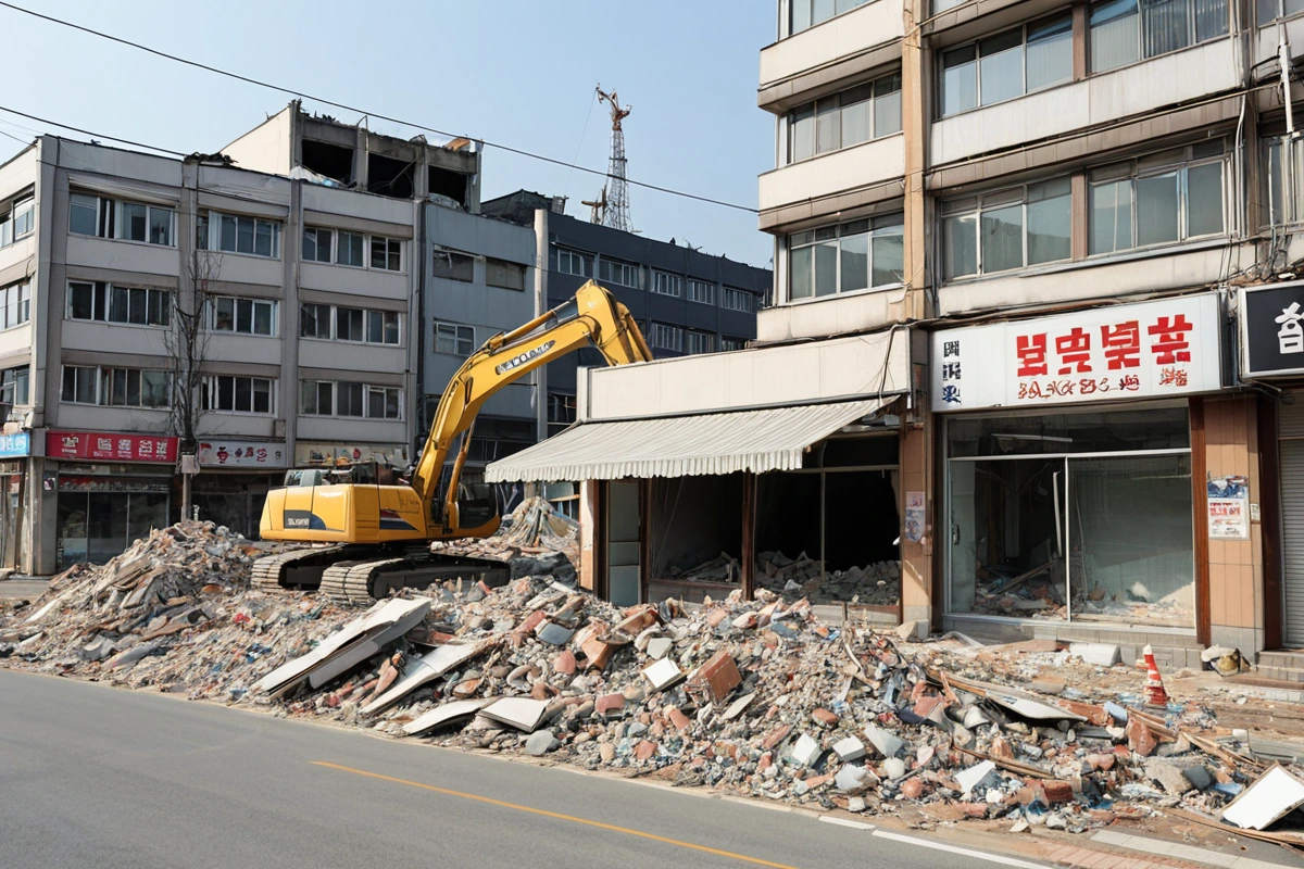 창원 상남동 매장 철거 현장, 구조물의 안정성과 주변 환경 보호를 고려한 철거 작업이 완료된 후 정리된 공간. 철거된 칸막이 부품이 깔끔하게 정리된 모습.