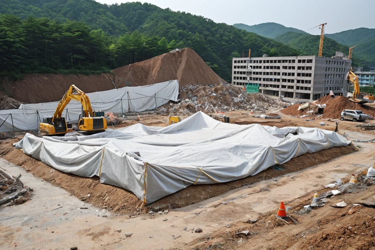 창원시 교방동의 한 건물 철거 현장에서 안전 울타리와 환경 보호용 방진 천이 설치된 모습. 철거 중인 건물의 구조물 위에 안전 장비가 정리되어 있고, 주변에 환경 오염 방지를 위한