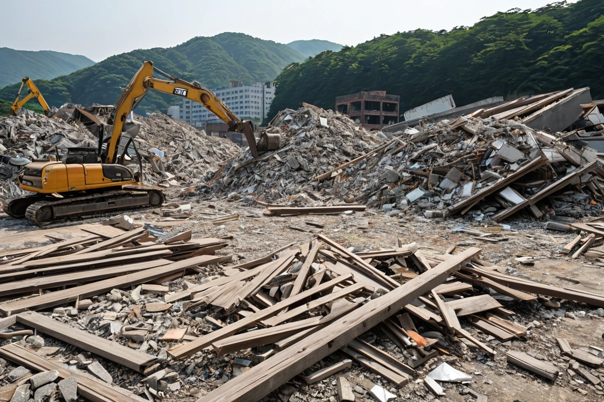창원시 구산면 상가 철거 현장에서 재사용 가능한 자재가 정리된 모습, 철거된 건물의 잔해와 함께 분리된 목재와 금속 부품이 깔끔하게 정리되어 있는 모습