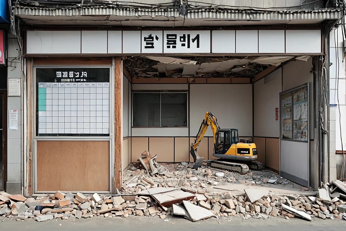 창원시 남양동 매장 철거 현장에서 철거 장비가 정리된 공간. 철거 작업이 완료된 매장 내부의 시간 관리 계획표가 벽에 부착되어 있습니다.