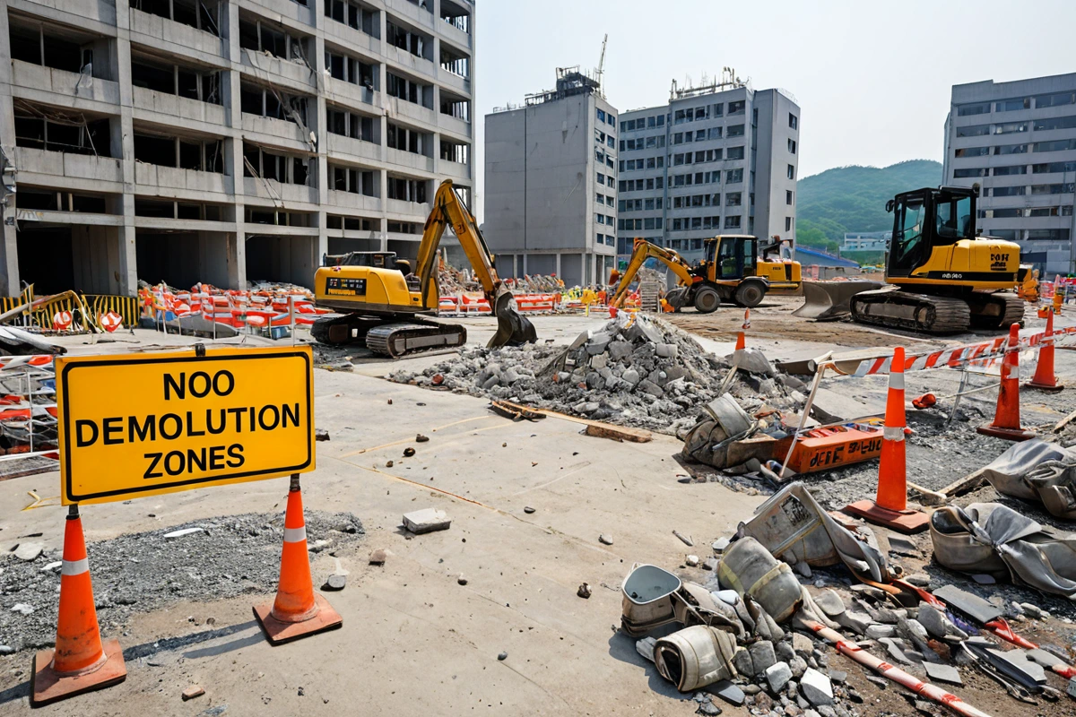 창원시 남양동 상가 철거 현장에서 안전 장비가 철저히 준비된 작업 공간. 안전 울타리와 경고 표지판이 설치되어 있으며, 철거 과정에서의 안전 관리가 철저히 이루어진 모습이 자연스럽