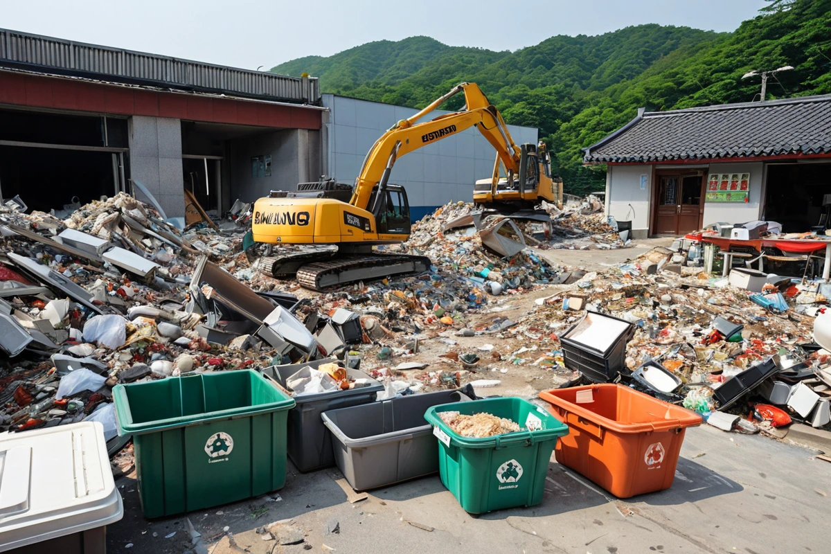 창원시 남양동 식당 철거 현장에서, 주방 기구와 조리대가 정확히 분류되어 재활용 가능한 자재로 정리된 장면. 폐기물 처리 비용 절감 효과를 자연스럽게 보여주는 구도.