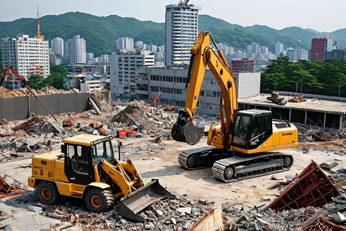 창원시 내에서 활동하는 철거 업체의 작업 현장. 철거 중인 건물의 외부 구조물이 철거 장비로 정리되고, 주변에 철거 작업을 위한 안전 울타리가 설치되어 있습니다. 창원시의 도시 풍