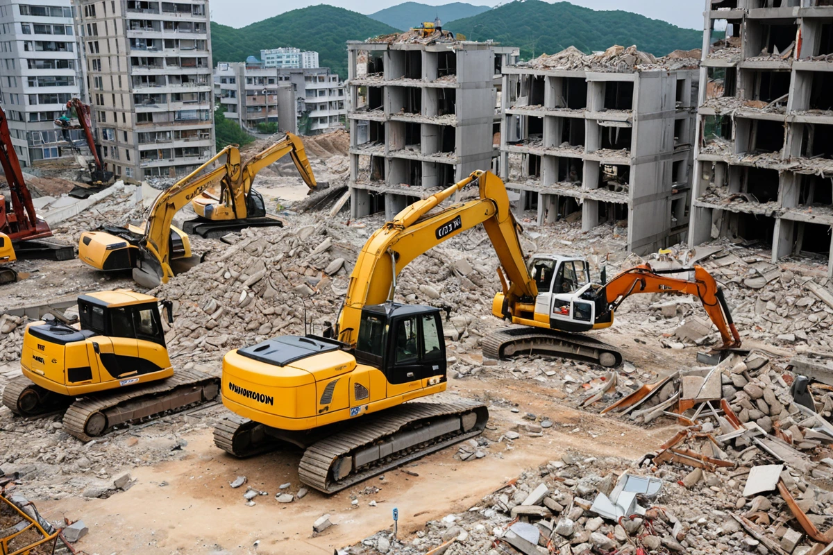 창원시 내 주거용 건물 철거 현장에서, 철거 중인 구조물의 내부 구조와 철거 장비가 정리된 모습. 건물의 구조적 결함이 보이는 부분이 없으며, 철거 작업이 안전하게 진행되고 있는