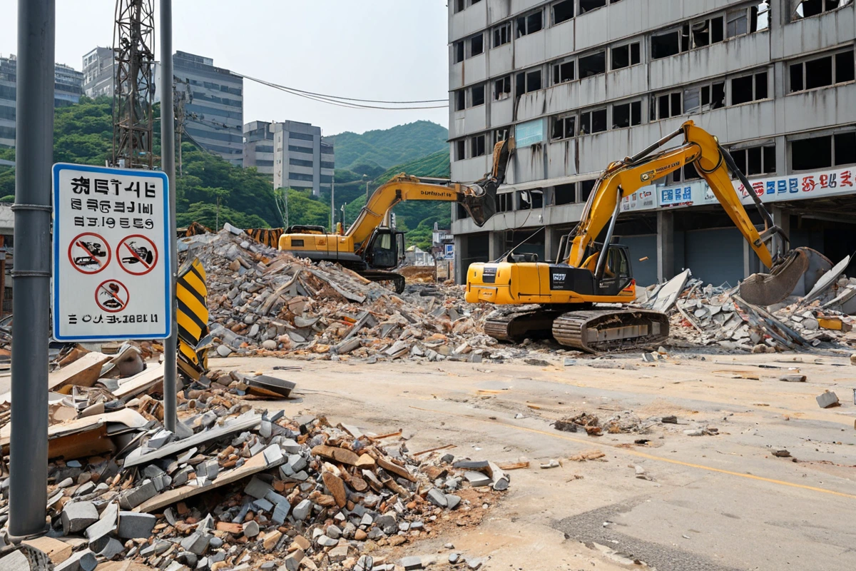 창원시 내 철거 업체의 정부 인증 표지판이 걸린 철거 현장의 입구. 정부 인증 표지판은 철거 업체의 이름과 인증 번호가 명시되어 있으며, 현장 입구에는 철거 장비와 안전 경고 표지