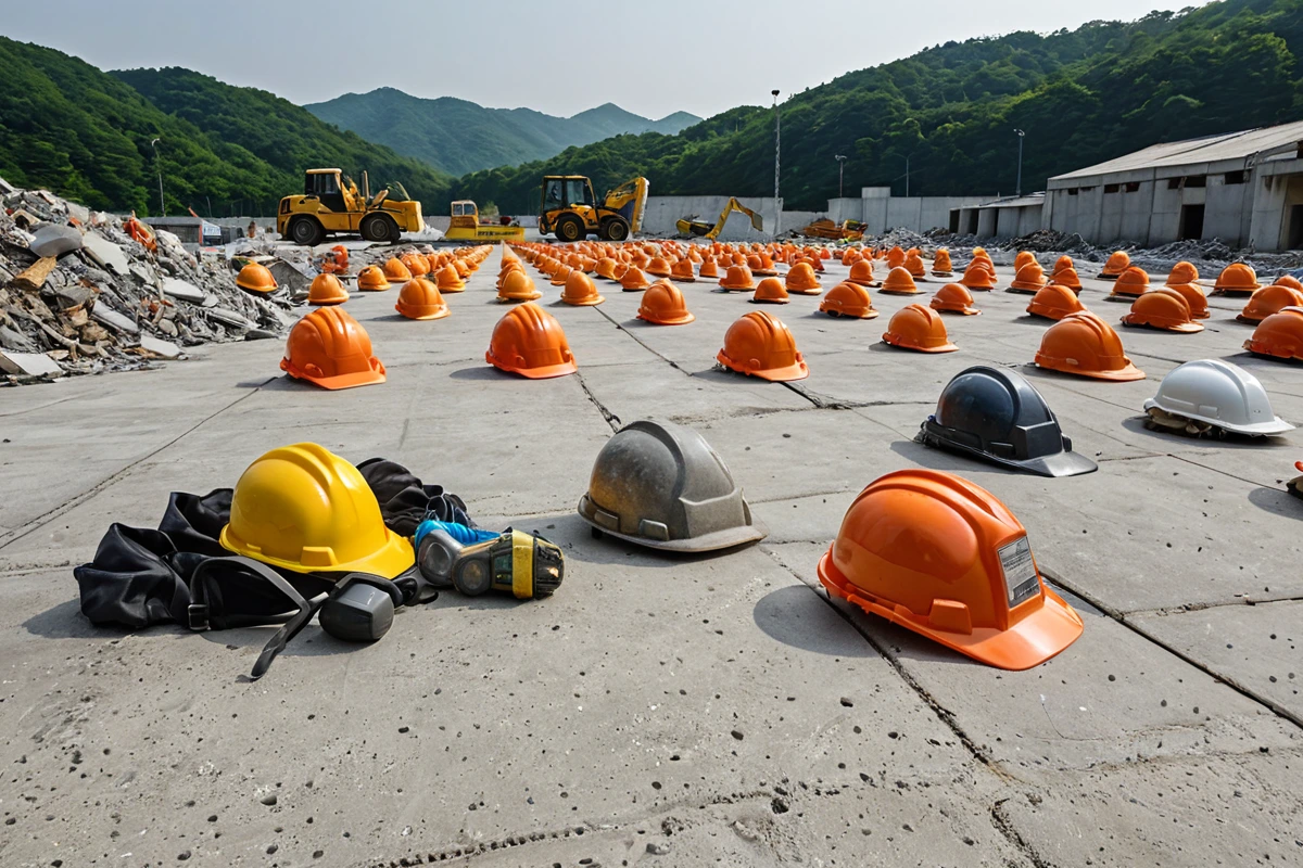 창원시 내 철거 작업 현장에서, 안전 장비가 철저히 정리된 장소. 철거 장비와 안전 헬멧, 방호복이 깔끔하게 배치된 모습. 작업 현장의 안전 규정 준수를 보여주는 장면.