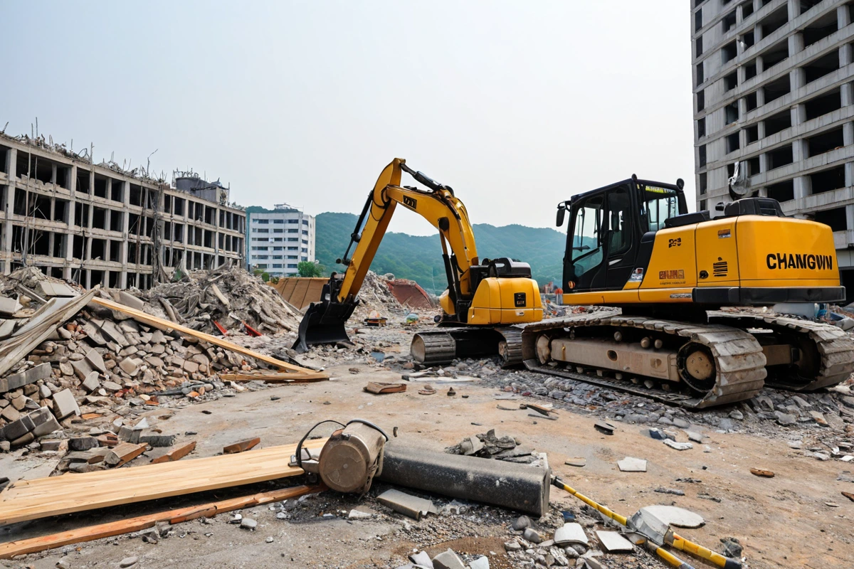 창원시 내 철거 현장에서 안전 점검을 위해 철거 장비와 안전 장비가 철저히 정리된 모습. 현장 곳곳에 안전 점검 표시가 보이고, 철거 작업이 안전하게 진행되고 있다.