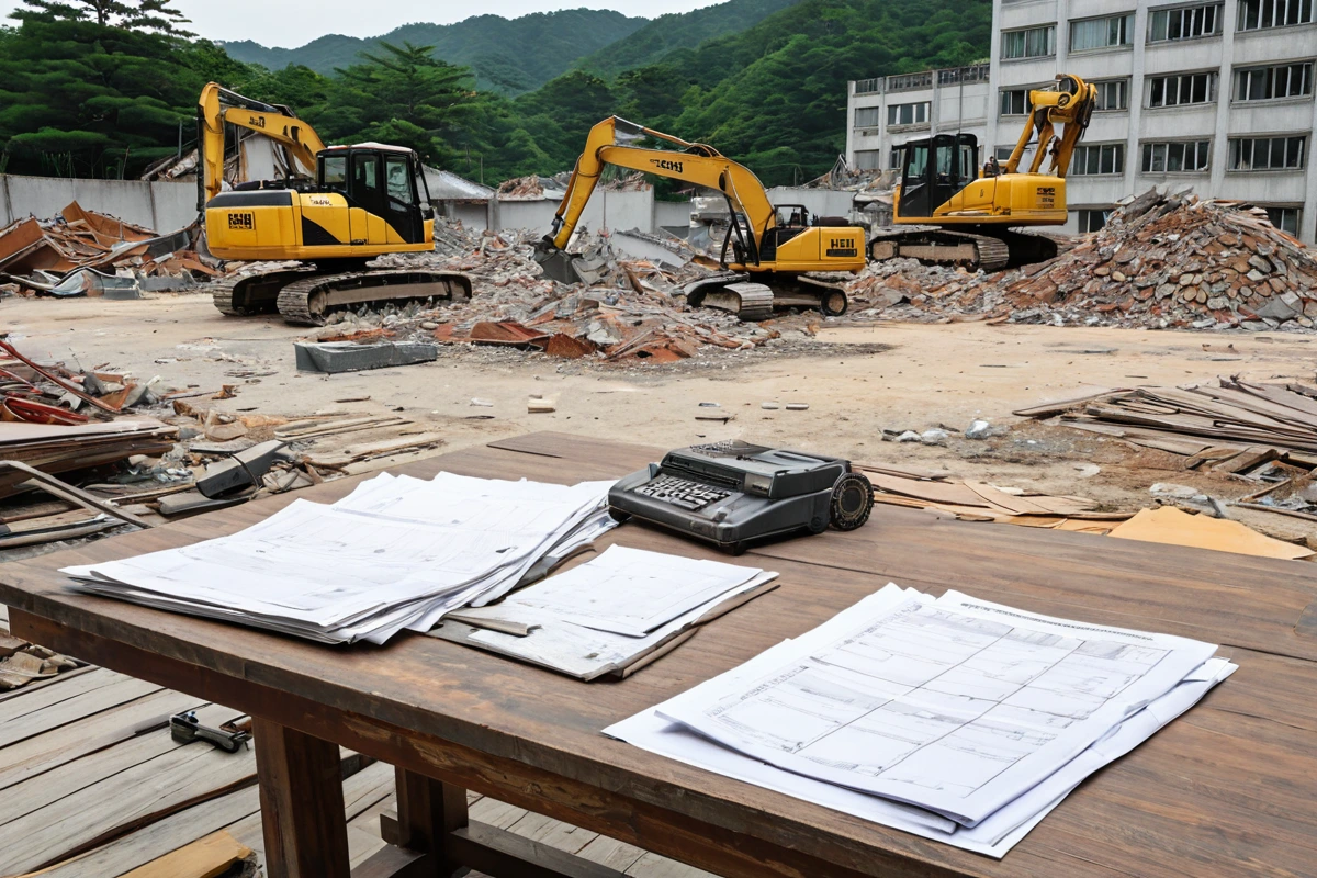 창원시 내 철거 현장에서 철거 계획서와 견적서가 테이블 위에 정리되어 있는 모습, 철거 장비가 철저하게 정리된 배경