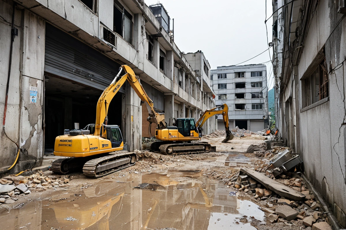 창원시 도심 지역의 철거 현장에서 건물 외벽에 빗물이 스며든 흔적이 보이는 모습. 건물 근처에 철거 장비가 정리되어 있고, 주변 도로는 좁은 골목길로 접근이 어려운 구조를 보여줍니