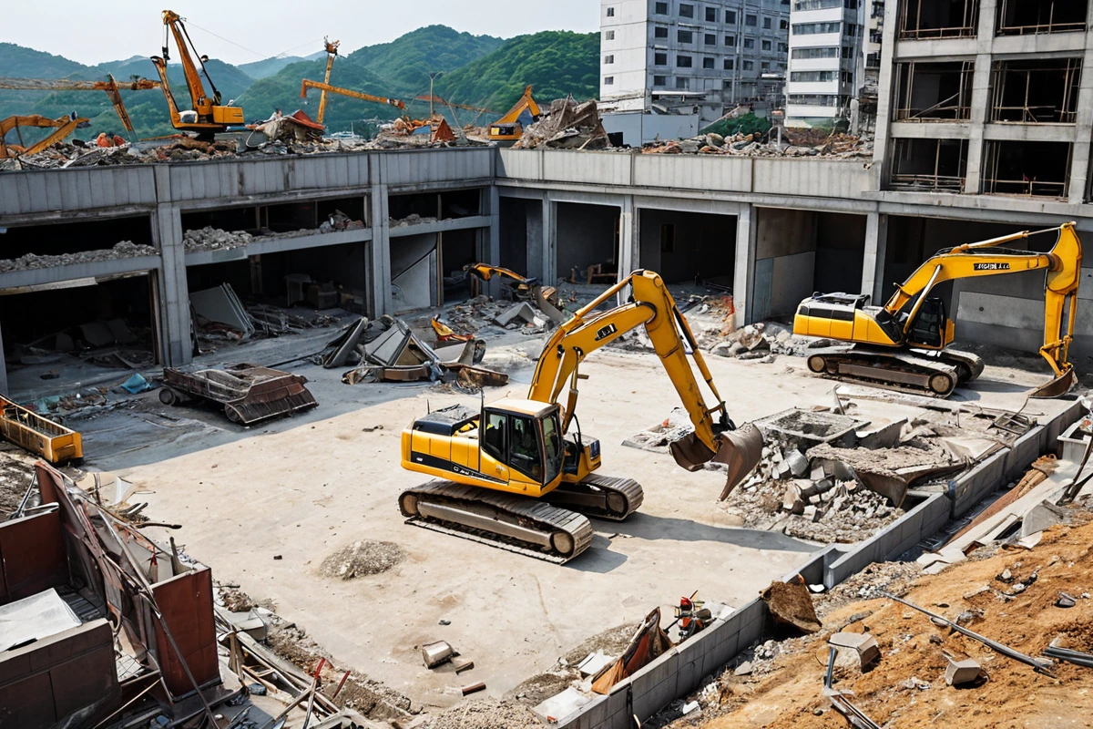 창원시 동정동 식당의 구조적 특성을 고려한 철거 방법을 분석하는 전문가 도면과 철거 장비가 정리된 현장. 철거 대상 건물의 구조와 규모에 맞춘 최적의 철거 방법을 제시하기 위한 사
