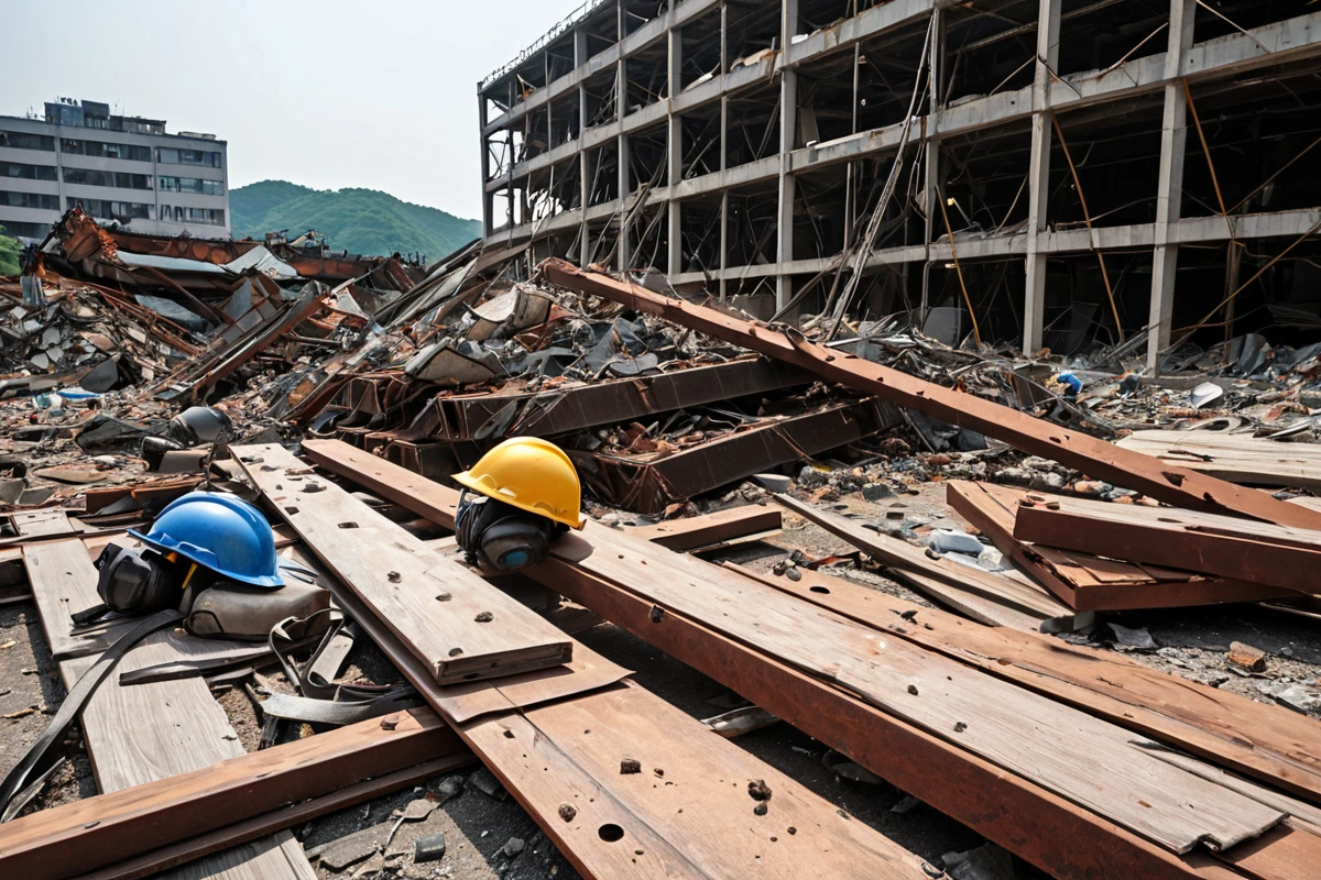 창원시 명서동 상가 철거 현장에서 철거 업체 직원이 안전 장비를 착용하고 구조물 점검 중인 모습. 구조물에 표시된 라벨과 철거 계획서가 보이는 상황. 재활용 가능한 자재가 분리되어