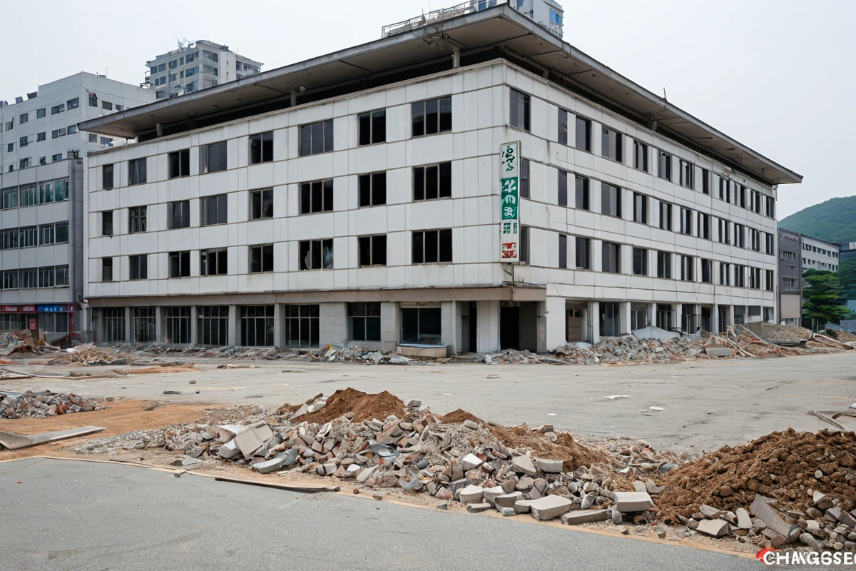 창원시 명서동 지역의 상가 건물 외부에서 철거 계획서와 건물 구조도를 확인하는 현장. 건물의 구조와 주변 환경이 잘 드러나는 촬영 각도. 철거 업체의 표지판이 보이지 않는 깔끔한