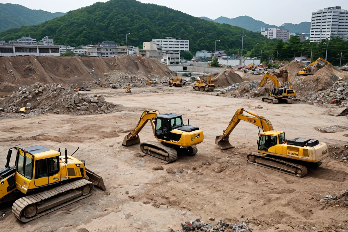 창원시 봉곡동의 철거 현장에서 건물 잔해와 토양 표면이 드러난 장면, 철거 작업 중인 장비가 정리된 채로 놓여 있는 모습, 철거 비용과 원상복구 비용을 구분하는 표시가 없는 간결한