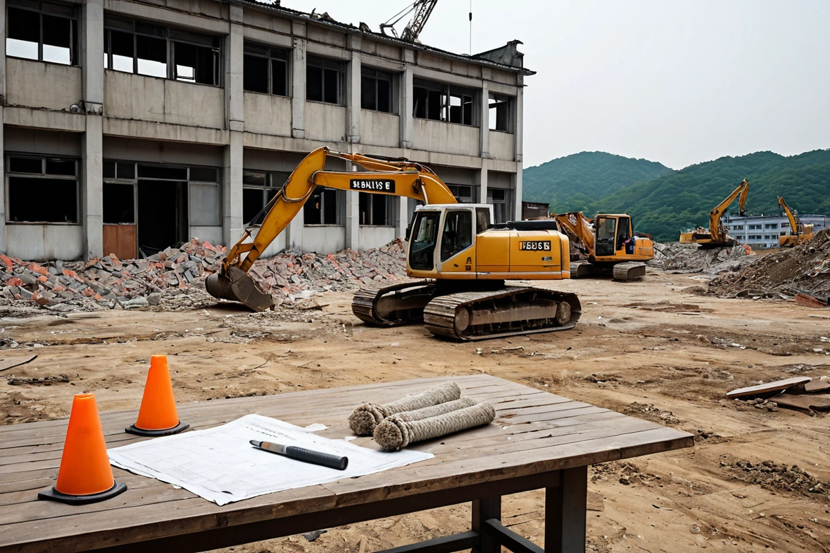 창원시 봉림동 상가 건물 철거 현장에서 철거 장비가 정리된 모습. 건물 면적에 따라 철거 범위가 명확히 구분된 공간에서 평당 10만 원부터 30만 원의 비용 구조를 상징하는 간결한