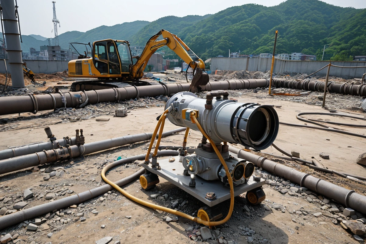 창원시 봉림동 철거 현장에서 전기, 가스, 수도 시설을 점검하는 전문 장비가 설치된 모습. 철거 작업 전 시설 점검을 위한 정확한 측정 장비가 보입니다.