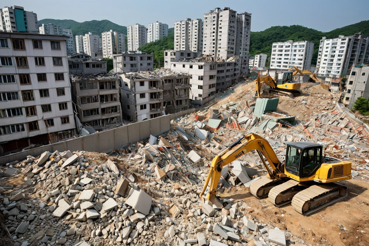 창원시 사림동 주거 밀집 지역에서 철거 작업이 진행 중인 현장. 주변 건물과 철거 구역 사이에 소음 차단용 방음막이 설치되어 있으며, 철거 장비가 조용하게 작동하는 모습이 포착되었