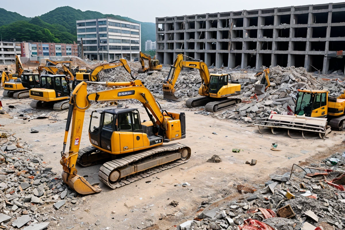 창원시 상가 철거 예정지의 현장에서 철거 업체의 자격증과 관련 문서가 보이지 않는 철거 장비가 정리된 모습. 철거 작업을 위한 장비가 철저히 정리되어 있으며, 현장의 안전 표지판이
