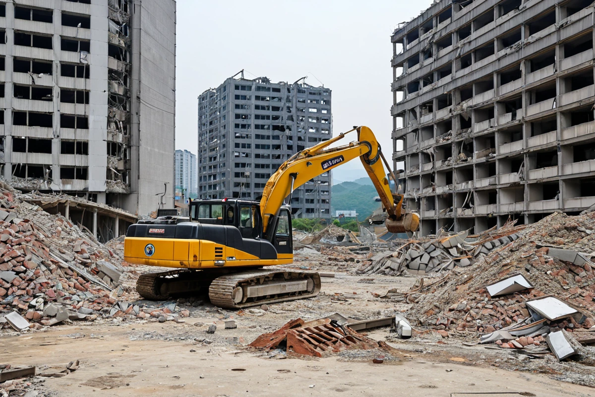 창원시 상가 철거 전 안전 점검을 위한 현장에서 구조물의 안정성을 확인하는 철거 장비와 보강 작업이 이루어진 모습. 철거 전 현장의 안전 관리가 철저하게 이루어진 상태를 보여주는