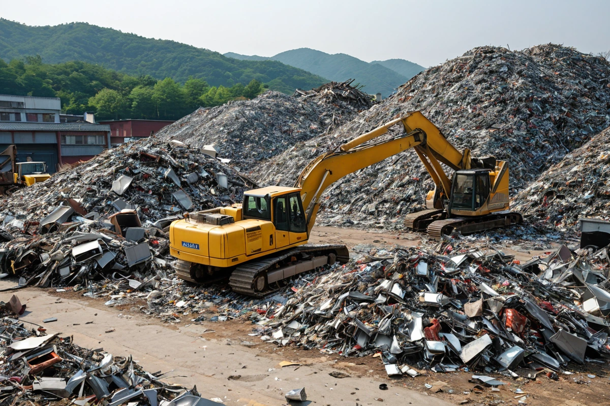 창원시 상가 철거 현장, 대형 철골 구조물이 분해되어 재활용 가능한 자재가 분류된 쌓여 있는 모습. 철거된 철골과 재활용 자재가 정리되어 있는 공간에서 철거 작업의 효율성과 비용