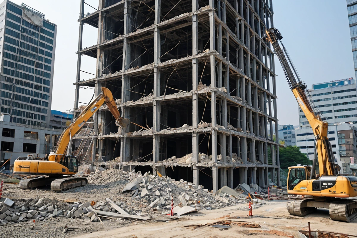창원시 상가 철거 현장에서 안전 장비를 착용한 철거 장비가 구조물 붕괴 위험을 방지하기 위해 안전 지지대를 설치하고 있는 모습. 철거 중인 상가의 구조물과 안전 지지대가 명확히 보