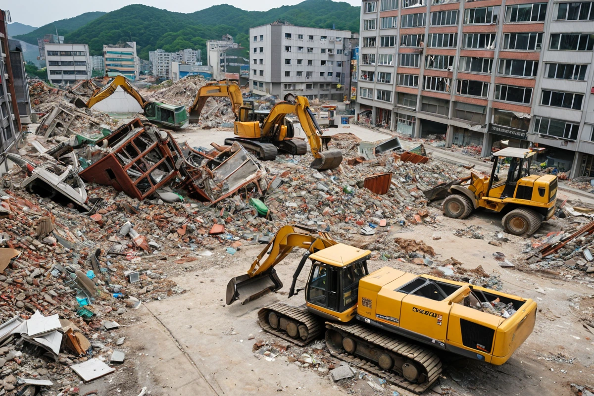 창원시 상가 철거 현장에서 철거 작업 중인 장비가 철거된 상가의 잔해를 처리하는 모습. 철거 작업비와 폐기물 처리비를 반영한 구조적 잔해가 정리된 공간.