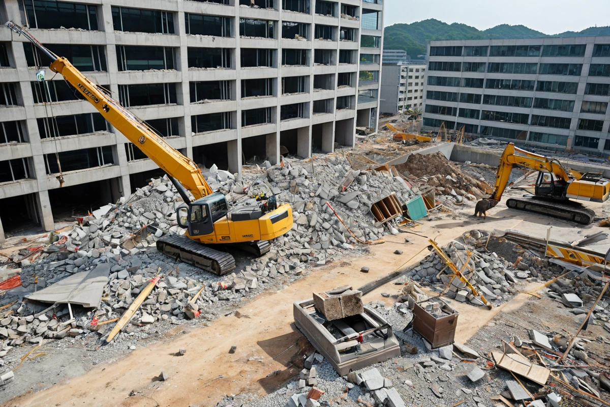 창원시 소계동 사무실 철거 현장에서 철거 작업 중인 크레인과 철거된 구조물이 정리된 공간, 건물 내부의 철거 범위를 정확히 파악하기 위해 철거 업체가 사용하는 측정 도구가 보이는