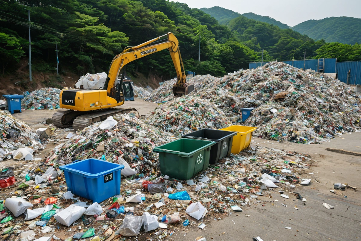 창원시 소계동 사무실 철거 현장에서 폐기물 분리 수거를 위한 여러 종류의 쓰레기통과 재활용 가능한 재료가 정리된 모습, 철거된 구조물과 함께 폐기물 관리 규정 준수를 보여주는 사실