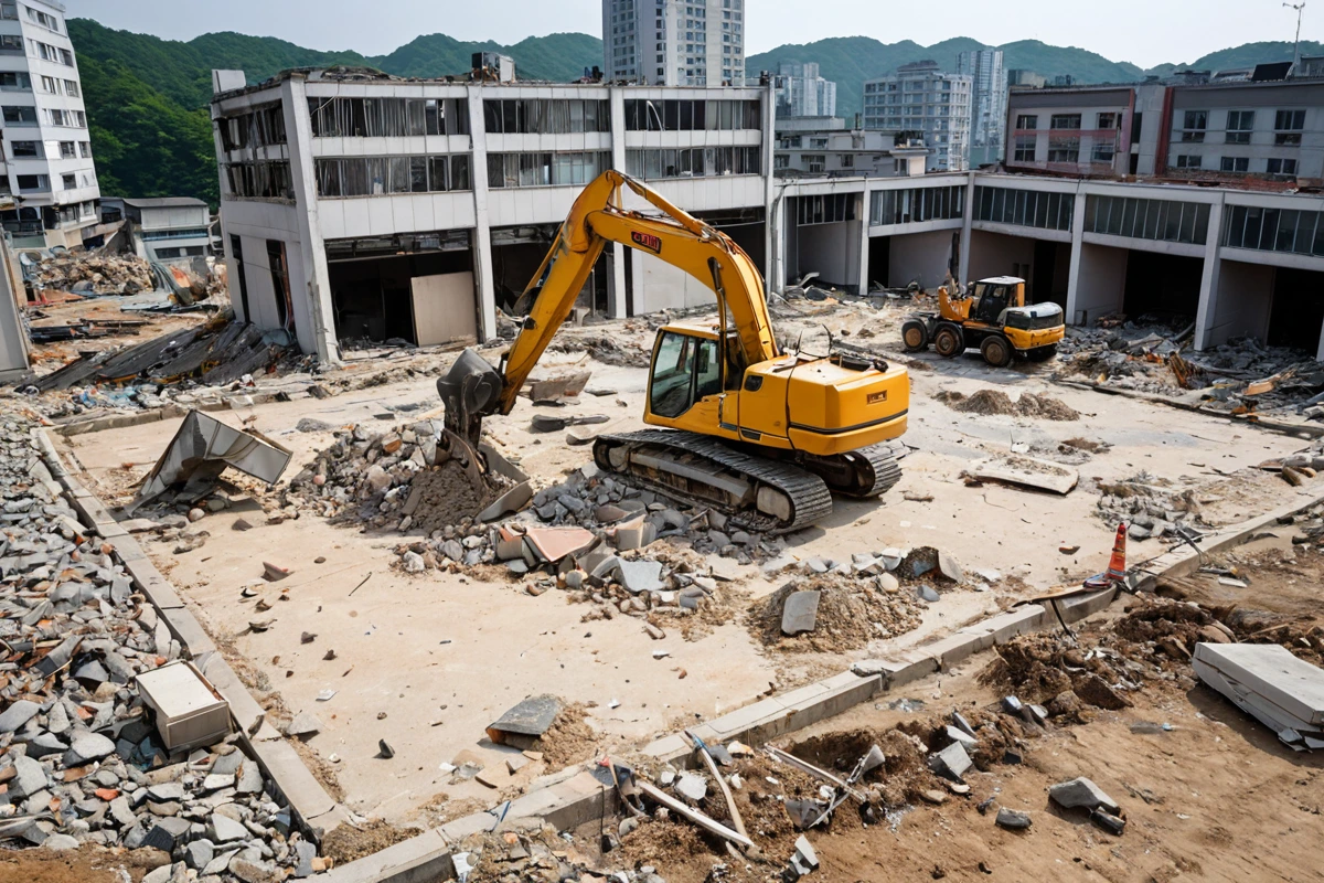 창원시 소규모 상가 건물의 철거 현장에서 철거 장비가 철거 중인 모습. 건물 내부의 구조물과 철거된 재료가 정리된 흙바닥 위에 드러나며, 일반적인 상가 철거 비용 구조를 보여주는