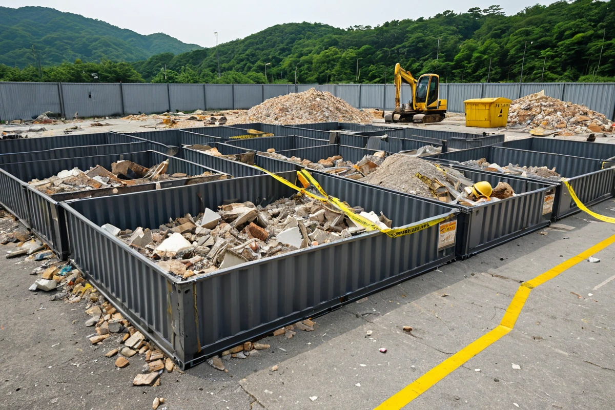 창원시 소규모 상가 철거 작업 중, 안전한 절차를 따르며 철거된 구조물이 정리된 현장. 철거된 건물의 잔해가 철제 용기에 담겨 배치되고, 주변에 안전 경계선이 설치되어 있다.