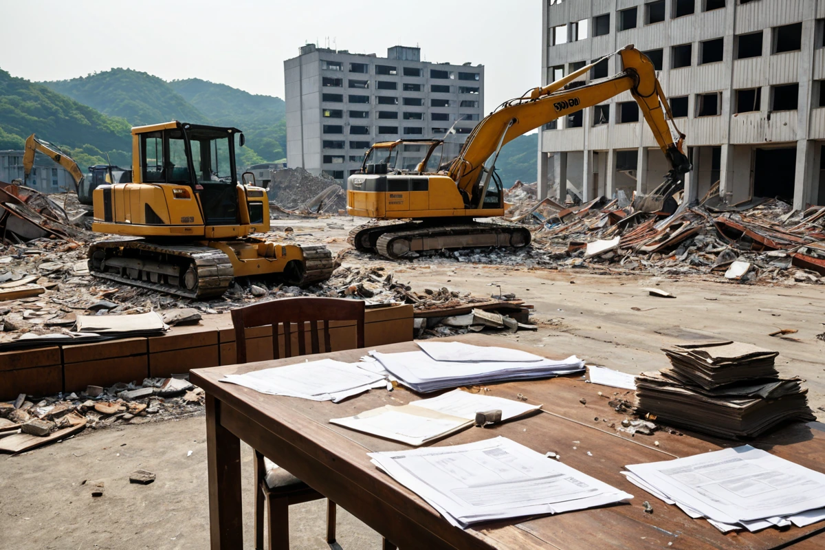 창원시 소답동 지역의 저가 철거 업체와 신뢰할 수 있는 철거 업체의 비용 비교표가 놓인 테이블. 저가 업체의 표지판이 없고, 신뢰할 수 있는 업체의 표지판이 없는 철거 작업 현장의