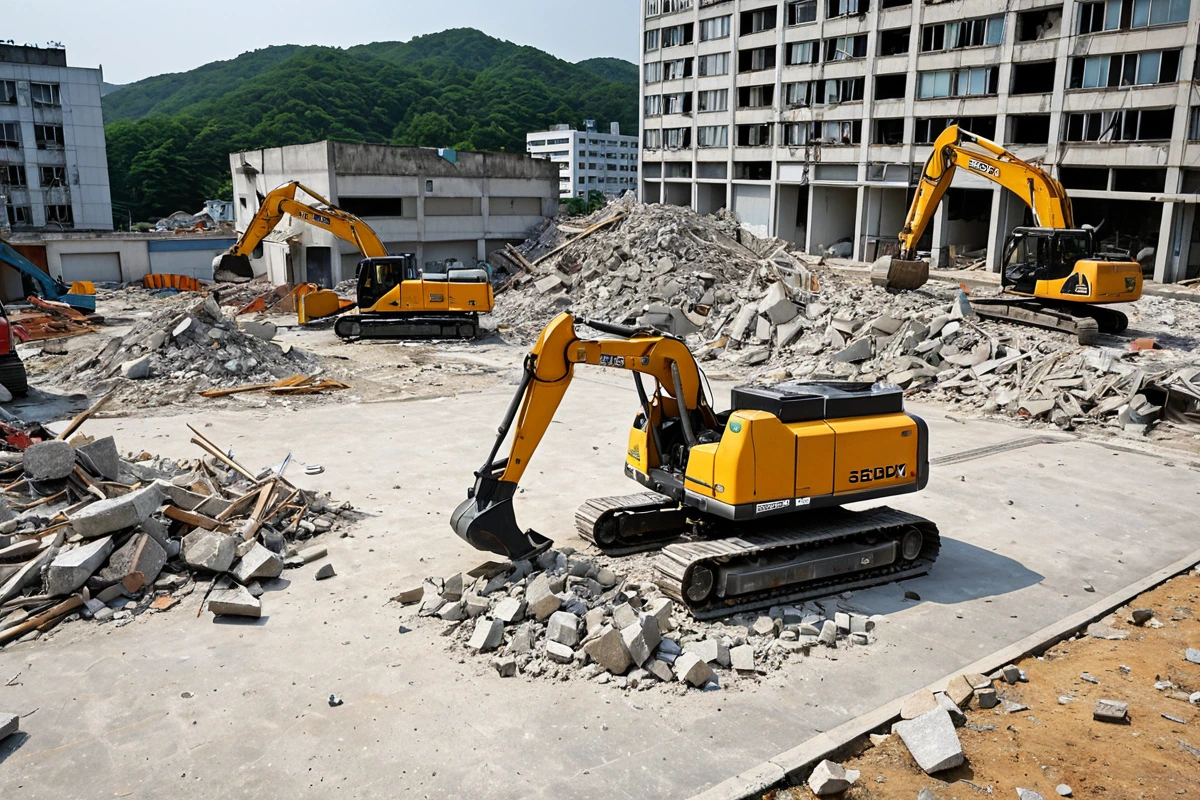 창원시 소답동 지역의 철거 작업 현장에서 철거 업체의 전문 장비가 정리된 모습. 철거된 매장의 구조물이 철저히 분리되어 있는 모습. 철거 작업의 전문성과 철저함이 드러나는 현장.
