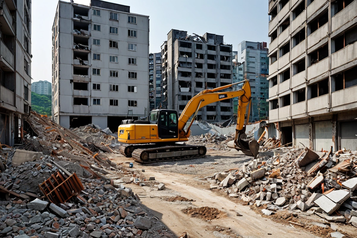 창원시 주거지 인근의 노후 상가 철거 현장, 철거 중인 건물의 외관과 주변 주민의 아파트 단지가 보이는 자연스러운 풍경, 소음과 진동을 최소화한 철거 장비가 정확히 설치된 모습