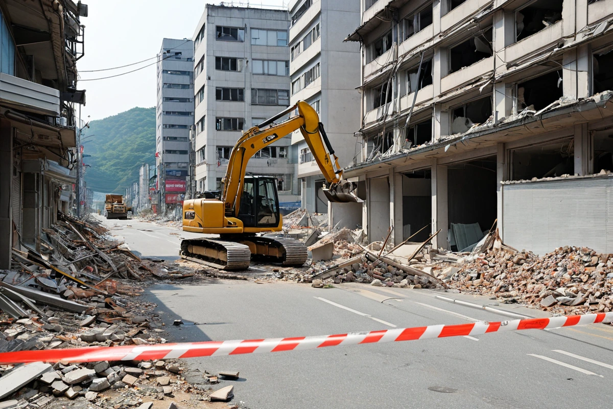 창원시 진동면 상가 철거 현장에서 전문가가 철거 장비를 점검하는 모습. 철거 중인 상가 건물 주변에 안전 테이프가 설치되어 있고, 주변 건물과 도로가 보이는 평화로운 거리 분위기.