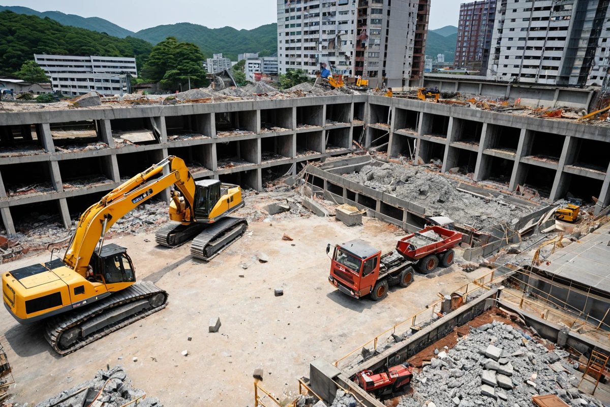 창원시 진동면 지역의 구조물 철거 현장, 주변 건물과의 거리가 적절히 유지된 철거 계획도가 보이는 모습. 구조물의 특성을 고려한 철거 방식이 반영된 현장 이미지입니다.