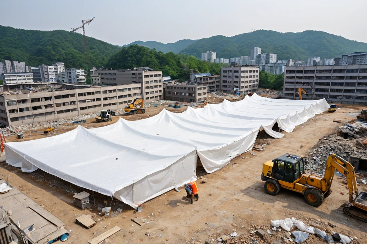 창원시 진전면 지역의 구조적 특성을 고려한 칸막이 철거 현장. 주변 건물과의 거리가 유지된 채로 먼지 차단용 흰색 방진포가 펼쳐진 칸막이 구조물. 철거 작업 중인 공구와 안전 장비