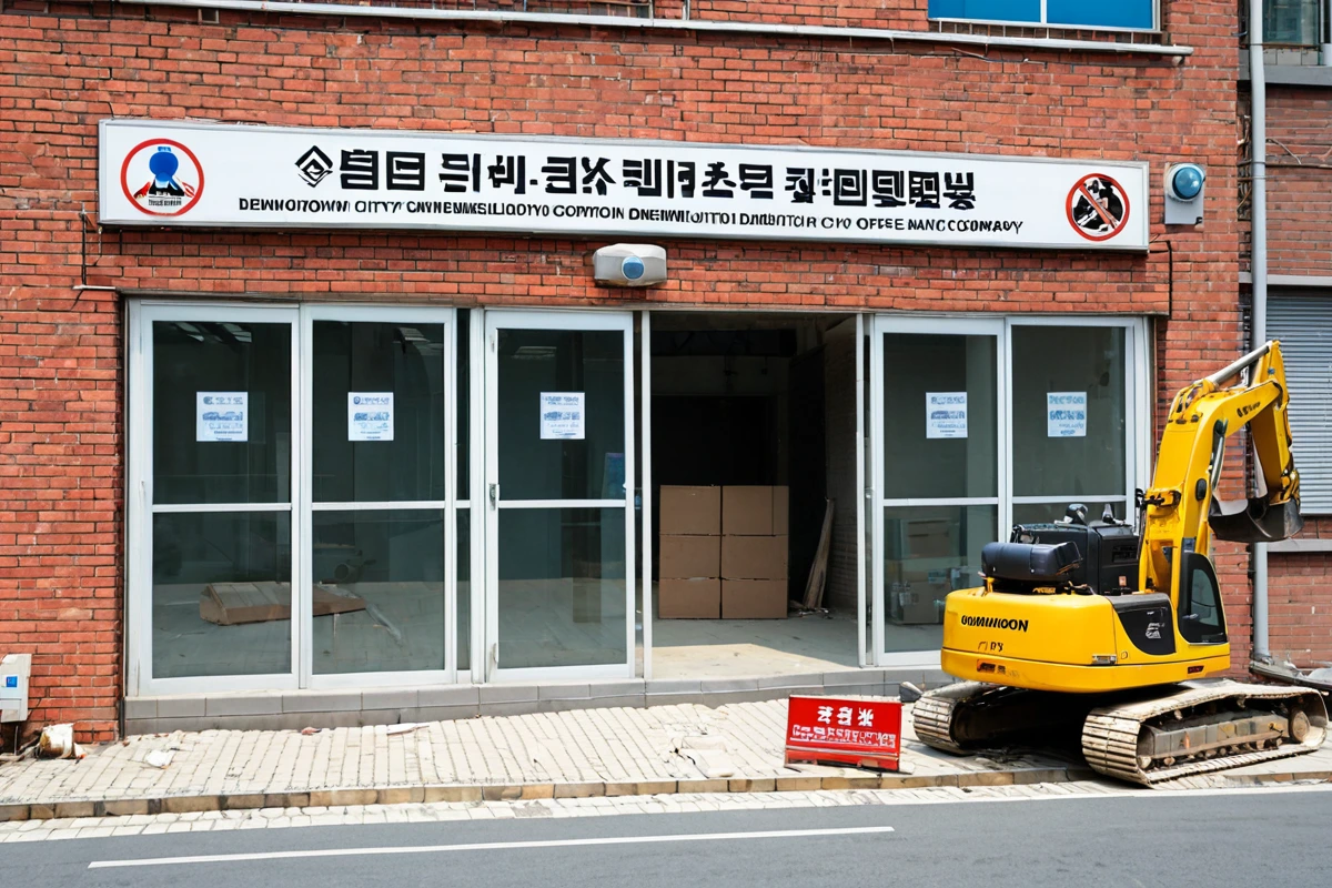 창원시 철거 업체 사무실 외관, 철거 전문 업체 표지판이 달린 청결한 건물 앞에 철거 장비가 정리되어 있는 모습. 철거 장비는 안전하게 보관되어 있으며, 건물 벽면에는 인허가 증명