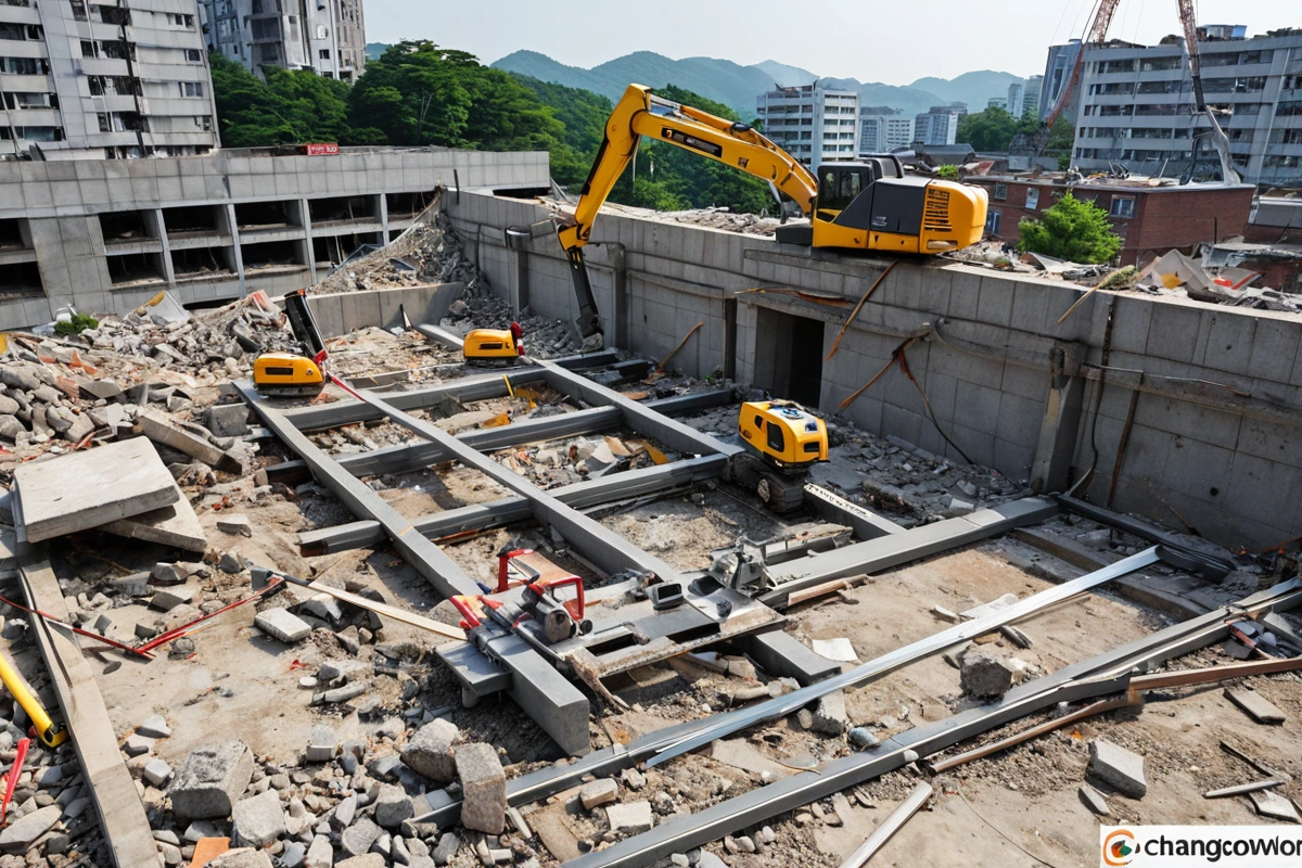 창원시 철거 현장에서 구조물의 상태를 정확히 파악하기 위해 철거 전 점검 중인 현장. 철거 예정 건물의 일부 구조물이 분해되어 보이고, 철거 업체가 사용하는 정확한 측정 도구가 보