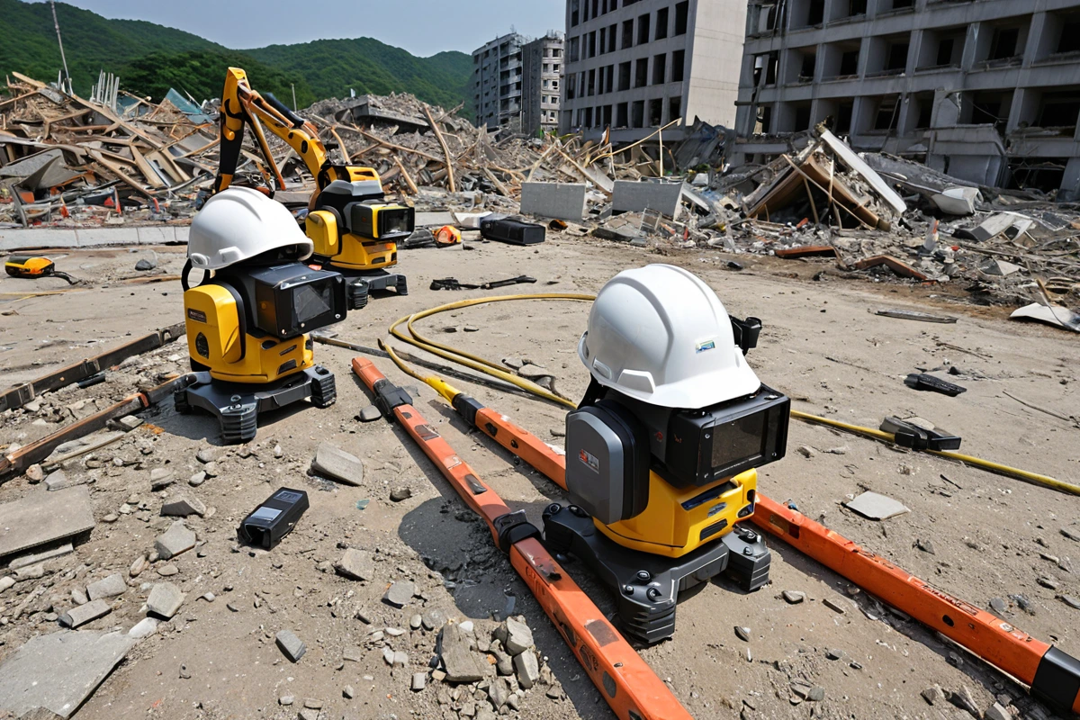 창원시 철거 현장에서 안전 점검을 위한 정밀 검사 장비가 준비된 모습. 구조물의 상태를 확인하는 데 사용되는 도구와 안전 장비가 배치된 철거 현장의 실제 모습.