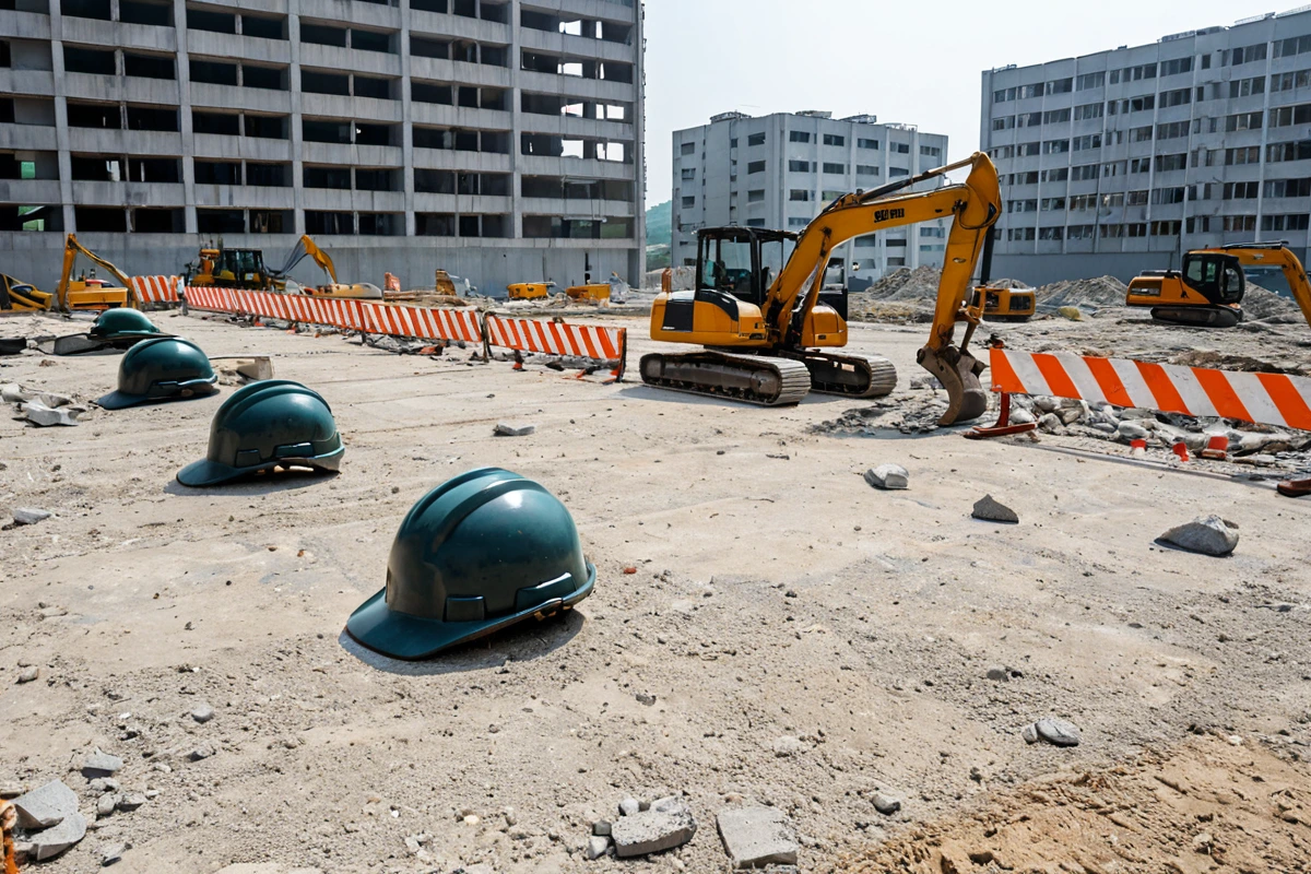 창원시 철거 현장에서 안전 점검을 위한 헬멧과 안전바이오가 설치된 장면, 철거 작업 전 단계에서 현장이 철저히 정리된 모습