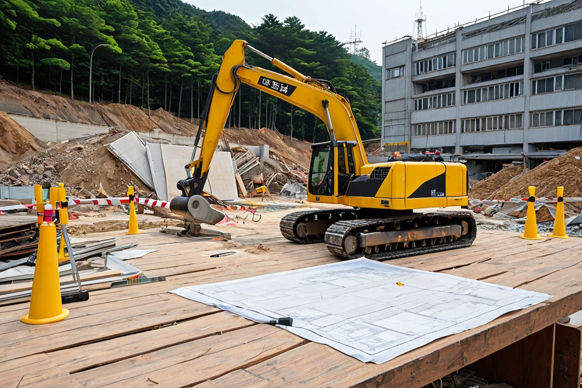 창원시 퇴촌동 지역의 철거 예정 건물 외부에서, 정확한 비용 산정을 위한 현장 조사 장면. 건물의 구조와 규모를 분석하는 데 사용되는 측정 도구와 건축 설계도가 테이블 위에 놓여