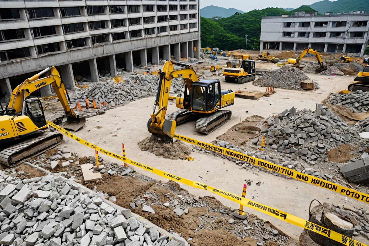 창원시 퇴촌동 철거 현장에서 안전 경계선과 정리된 작업 공간이 보이는 장면. 철거 장비가 철저히 정리되고 안전 관리가 철저히 이루어진 현장의 분위기를 담은 사진.