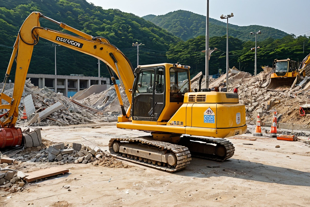 창원시 퇴촌동 철거 현장에서 안전 장비를 착용한 철거 장비가 준비된 장면. 안전 장비가 올바르게 착용된 철거 기계가 공사 현장의 안전 구역 내에 정렬되어 있으며, 배경으로는 철거